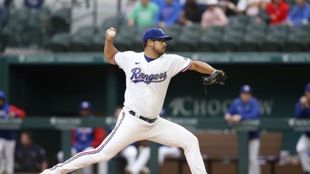 Apr 25, 2022; Arlington, Texas, USA; Texas Rangers starting pitcher Dane Dunning (33) throws a pitch in the first inning against the Houston Astros at Globe Life Field. Mandatory Credit: Tim Heitman-USA TODAY Sports